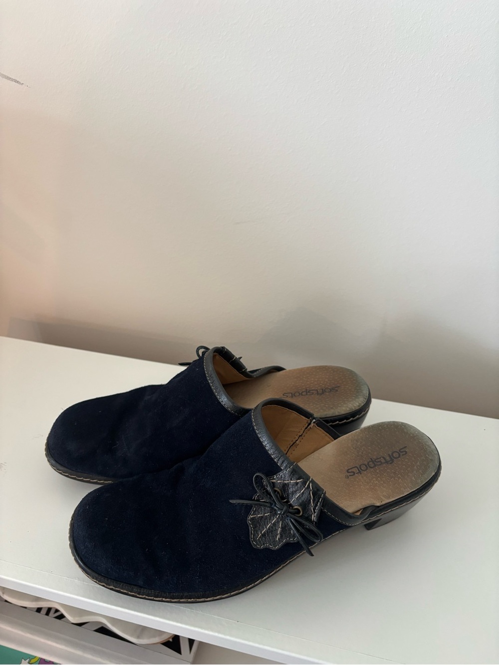 Softspots Navy Suede Slip-On Clogs with Floral Bow